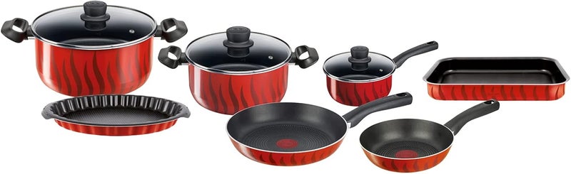 T-fal TEFAL Cookware 10 PCs Set | Tempo Flame | saucepan 16 cm+lid/stewpots 22/26cm+lids/frypans 20/26cm/tart mould 30cm/oven dish 31X24cm | Non stick | Red | Made in France | 2 Years Warranty | C3079182 - Image 1