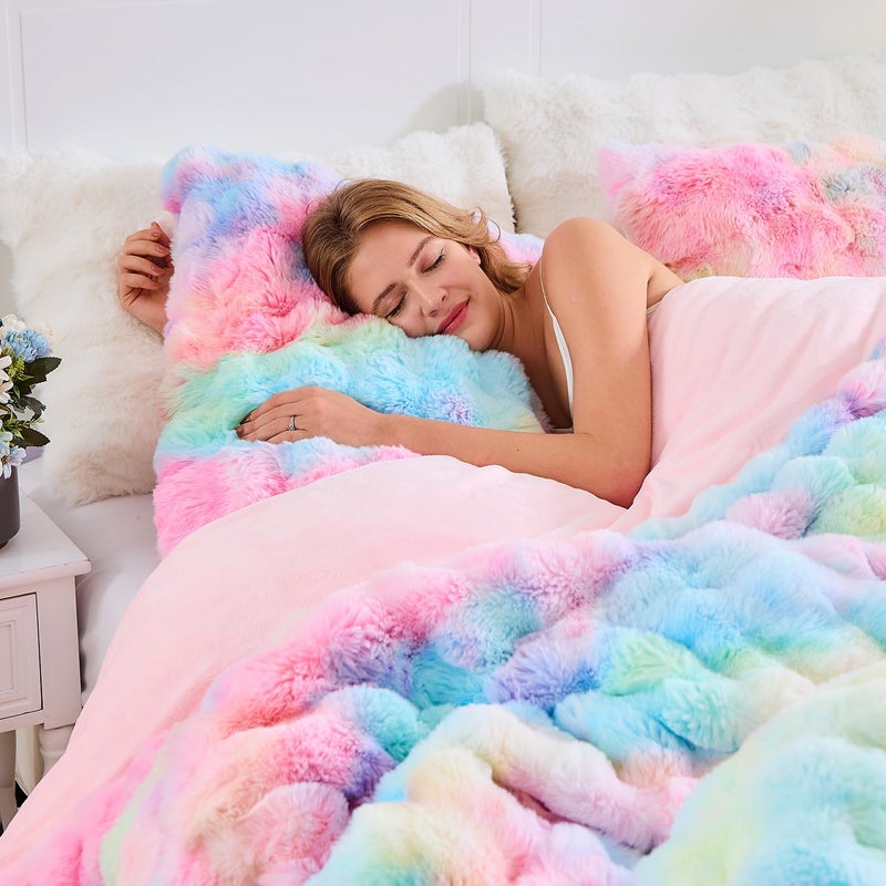 Lotus Karen Lotus Karen Fluffy Comforter Cover Set-Rabbit Fluff Faux Fur Duvet Cover King Size Rainbow Plush Fuzzy Furry Bedding Sets 3Pieces(1 Duvet Cover & 2 Pillow Shams) Zipper Closure  - Image 3