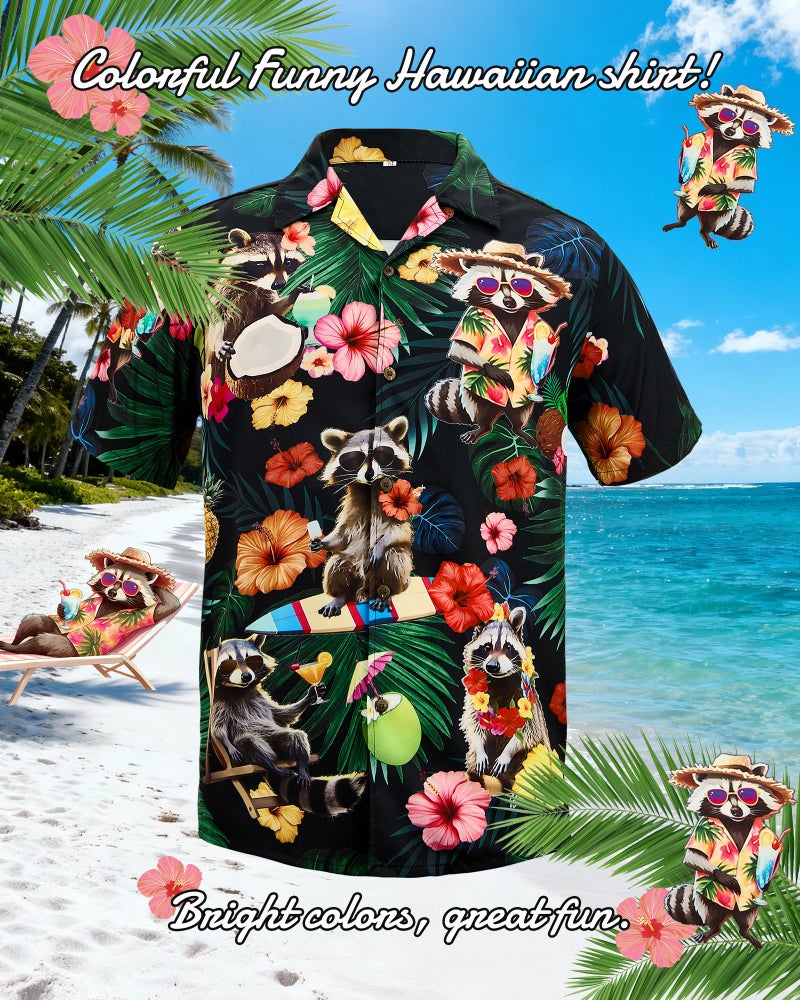 Zando Funny Hawaiian Shirt for Men â€“ Raccoon Funny Tropical Short Sleeve Button Down Aloha Outfits Top, Casual Printed Summer Beach Clothes Top for Vacation, Party,or Holiday Large - Image 4