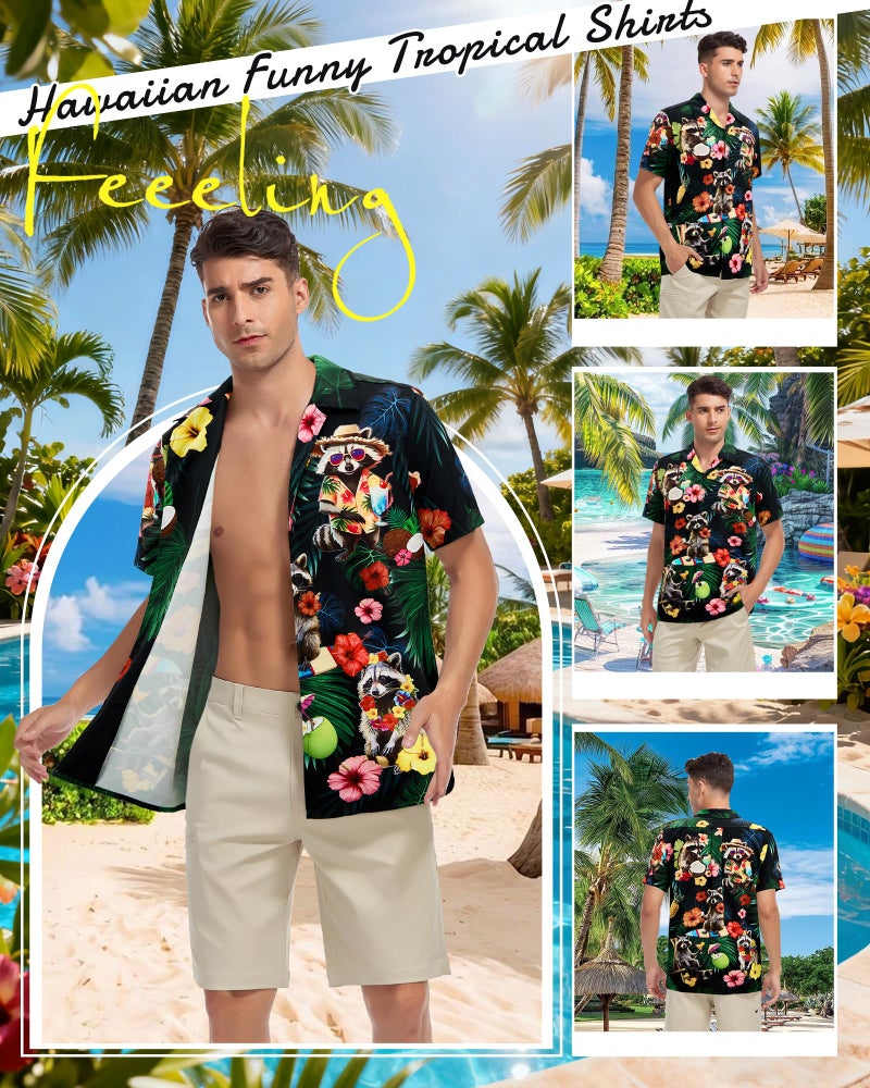 Zando Funny Hawaiian Shirt for Men â€“ Raccoon Funny Tropical Short Sleeve Button Down Aloha Outfits Top, Casual Printed Summer Beach Clothes Top for Vacation, Party,or Holiday Large - Image 2