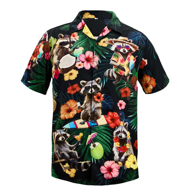 Zando Funny Hawaiian Shirt for Men â€“ Raccoon Funny Tropical Short Sleeve Button Down Aloha Outfits Top, Casual Printed Summer Beach Clothes Top for Vacation, Party,or Holiday Large - Image 1