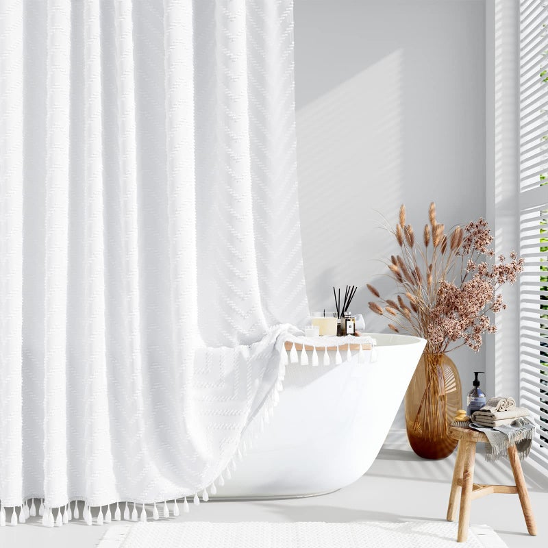 Dynamene Boho Farmhouse Shower Curtain White Fabric Tufted Chevron Striped Textured Tassel Shower Curtains for Bathroom Water Repellent Minimalist Ruffled Cloth Shower Curtain Set with Hook 72x72