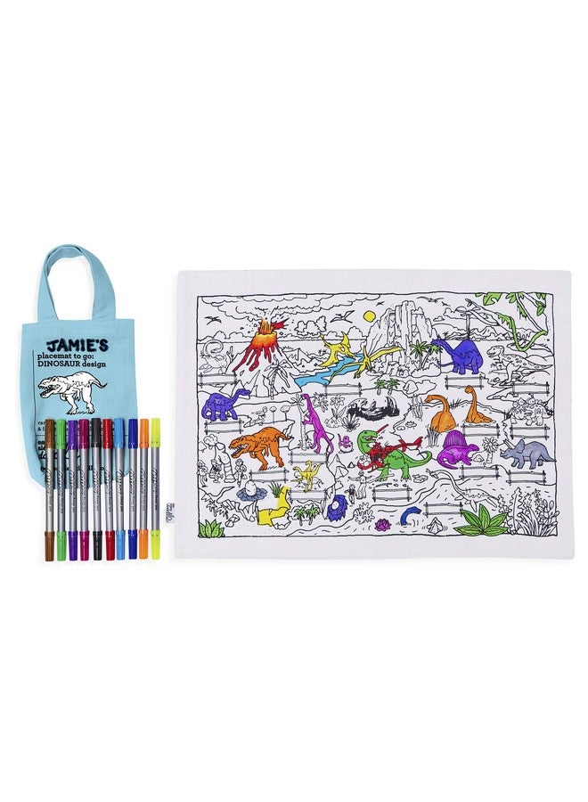 eatsleepdoodle Dinosaur Placemat in Its Own Cotton Carry Bag to Color in, Fun Educational Dinosaur Coloring Placemat, Washable Felt Tip Fabric Markers Included - Image 3