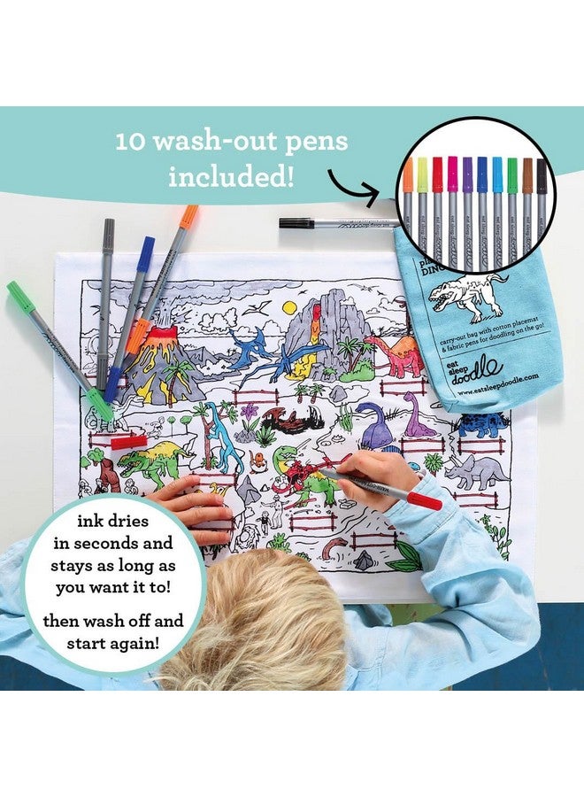 eatsleepdoodle Dinosaur Placemat in Its Own Cotton Carry Bag to Color in, Fun Educational Dinosaur Coloring Placemat, Washable Felt Tip Fabric Markers Included - Image 2