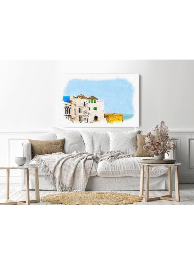 هوم جاليري لوحة فنية جدارية من القماش، صورة تجريدية مؤطرة لشارع بروميناد على طول أسوار البحر، المغرب، 120 عرض × 80 ارتفاع × 2 عمق - Image 1