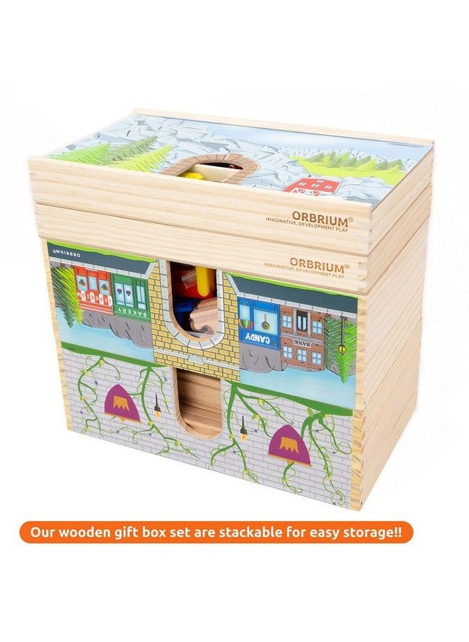 Orbrium Toys 52 Pcs Deluxe Wooden Train Set With Dualuse Storage Box/Tunnel Compatible With Thomas Wooden Railway, Brio, Chuggington  - Image 5