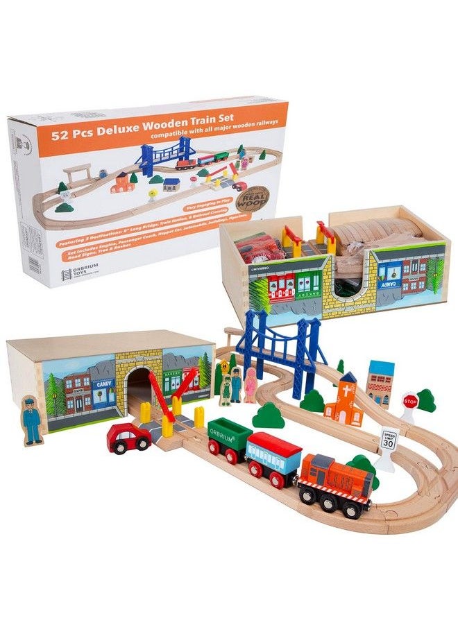Orbrium Toys 52 Pcs Deluxe Wooden Train Set With Dualuse Storage Box/Tunnel Compatible With Thomas Wooden Railway, Brio, Chuggington  - Image 1