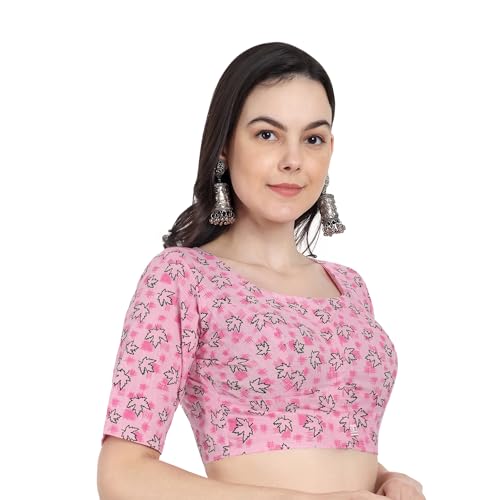 JISB Women's High Neck Cotton Printed Saree Blouse (50, Pink) - Image 2