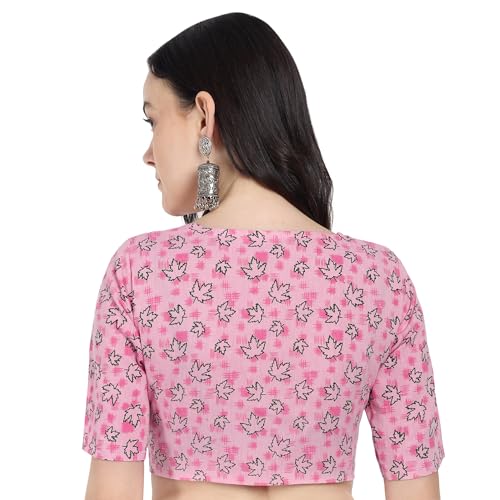 JISB Women's High Neck Cotton Printed Saree Blouse (50, Pink) - Image 3
