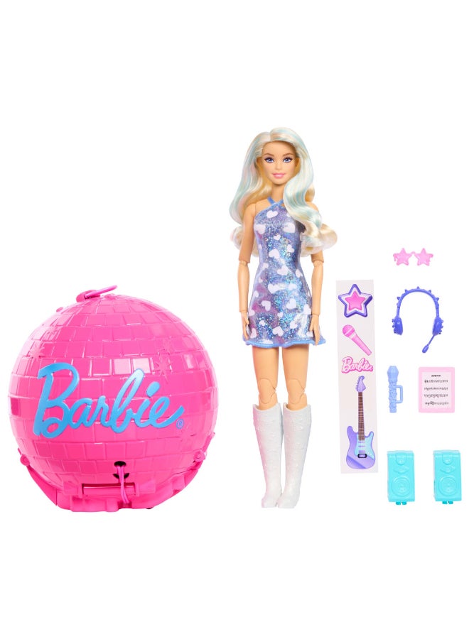 Barbie Team Barbie Roll and Reveal Pop Star Doll and Accessories with Blonde Fashion Doll & 8 Surprises and a Disco Ball Encasement - Image 1