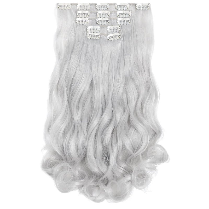 HSPJHTM White Hair Extensions Wave Clip in Hair Extension Women Halloween silver hair extention 18 Synthetic 5PCS Wavy Natural Thick Hair Pieces for girls Full Head