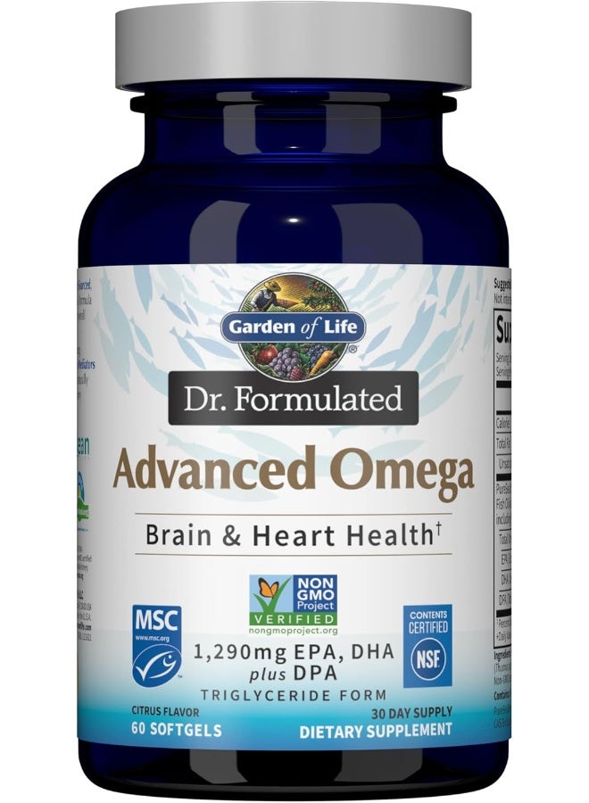 Garden of Life Dr. Formulated Advanced Omega Fish Oil - Lemon, 1,290mg EPA, DHA + DPA in Triglyceride Form, Single Source Omega 3 Supplement for Ultimate Brain & Heart Health, Non-GMO, 60 Softgels - Image 1