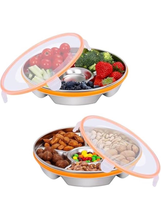 هوكور SupWolf 2 Pack Veggie Tray with Lid and Dip, Divided Serving Tray, Portable Divided Serving Platter, Stainless Steel 6 Compartments 10inch 60oz, Serving Platter for Party, Picnic, Entertaining - Image 1