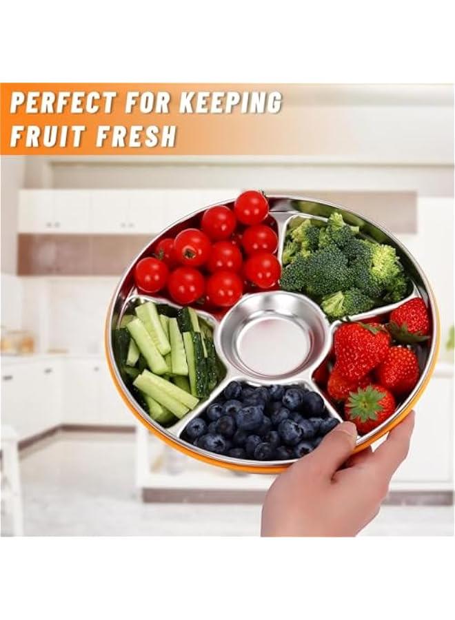 هوكور SupWolf 2 Pack Veggie Tray with Lid and Dip, Divided Serving Tray, Portable Divided Serving Platter, Stainless Steel 6 Compartments 10inch 60oz, Serving Platter for Party, Picnic, Entertaining - Image 4