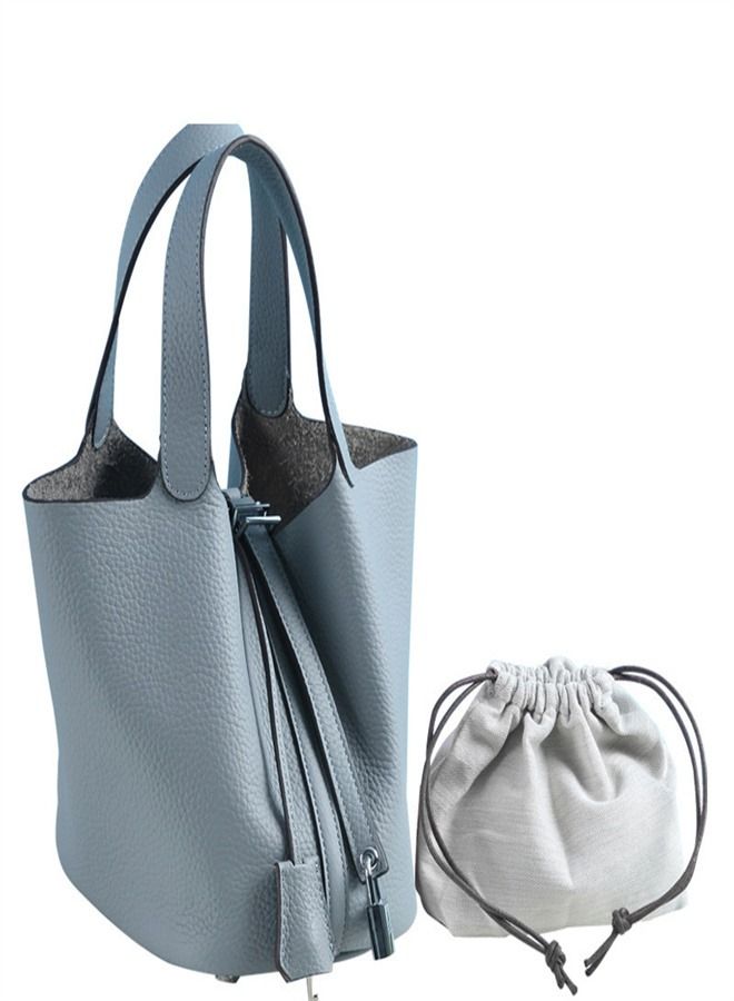 Loquat Litchi Grain Top Layer Cow Skin Bucket Bag Flax Blue  - Image 1