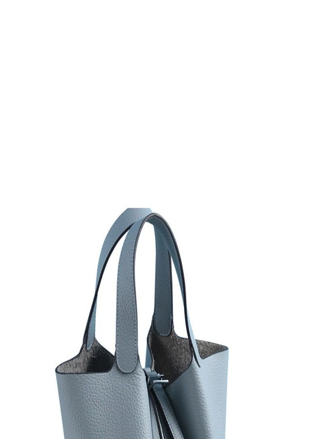 Loquat Litchi Grain Top Layer Cow Skin Bucket Bag Flax Blue  - Image 3