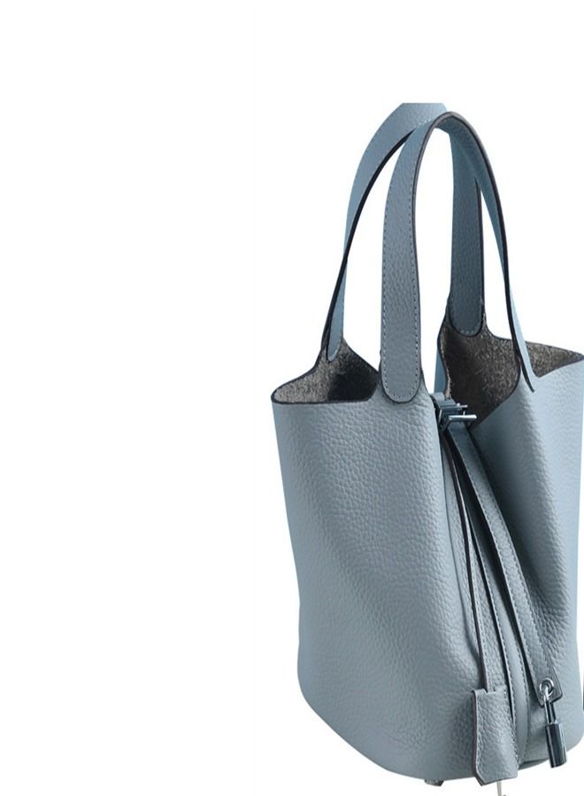 Loquat Litchi Grain Top Layer Cow Skin Bucket Bag Flax Blue  - Image 2