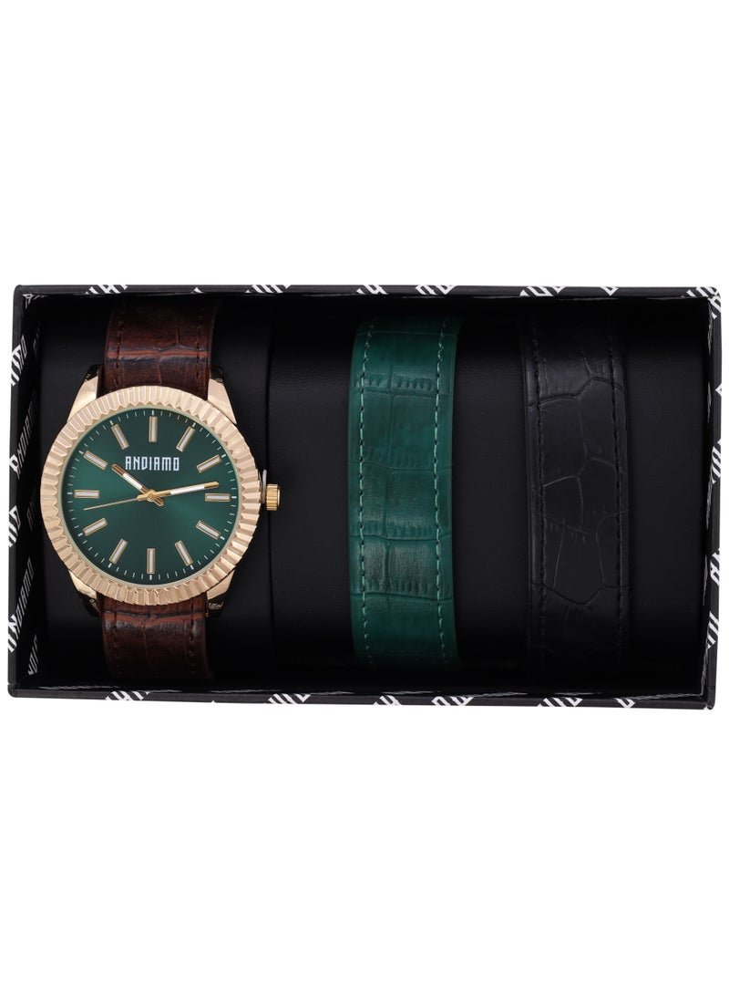 ANDIAMO Men's Analog Gold Case Green Dial Strap Set Watch 