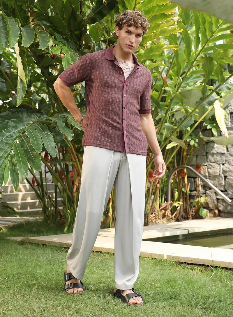 Campus Sutra Men's Burgundy Textured Cuban Collar Shirt