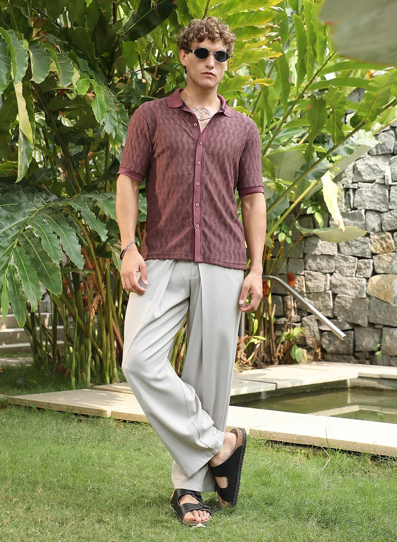 Campus Sutra Men's Burgundy Textured Cuban Collar Shirt