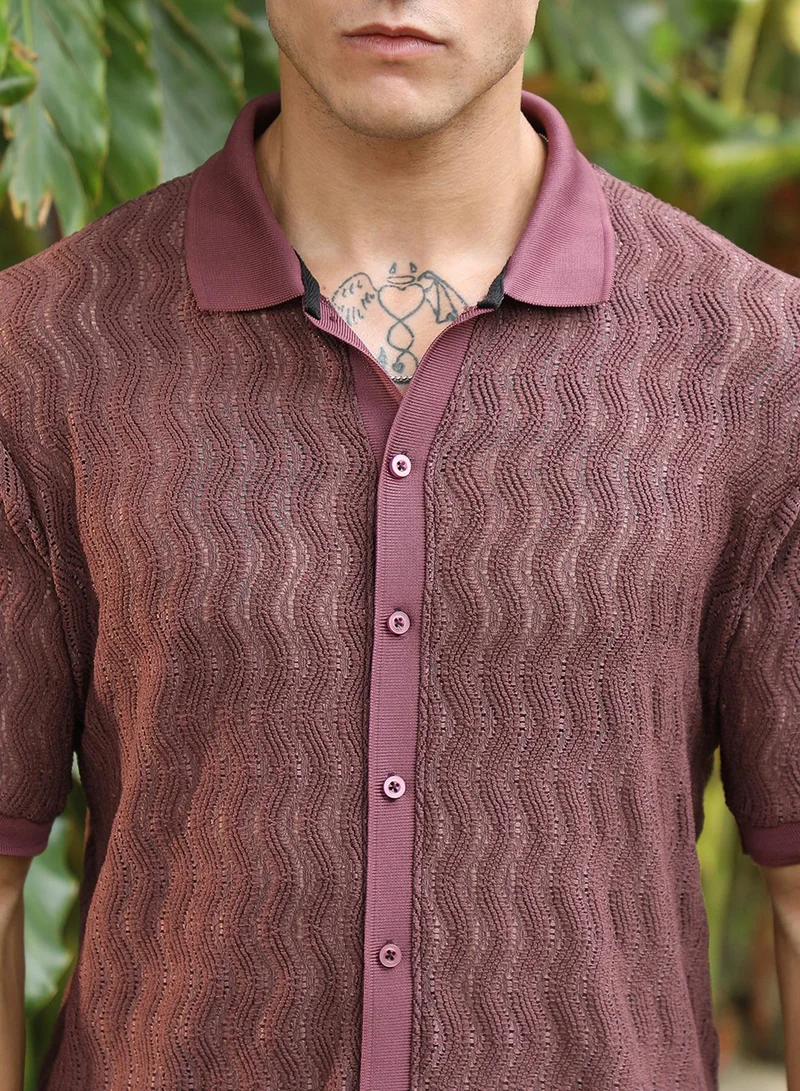 Campus Sutra Men's Burgundy Textured Cuban Collar Shirt