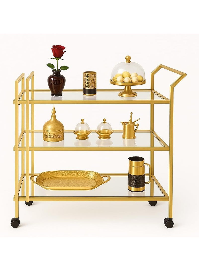 LINGWEI Elegant Gold Metal Serving Trolley with Tempered Glass Shelves, 3-Tier Storage, Rotating & Lockable Wheels, Durable Handle for Kitchen & Home - Image 1