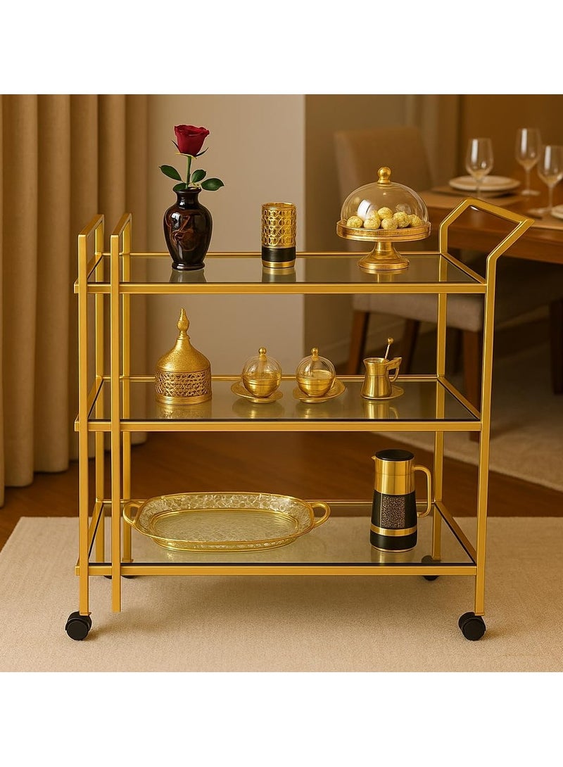 LINGWEI Elegant Gold Metal Serving Trolley with Tempered Glass Shelves, 3-Tier Storage, Rotating & Lockable Wheels, Durable Handle for Kitchen & Home - Image 2