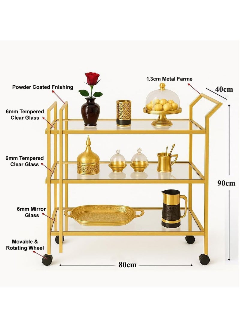 LINGWEI Elegant Gold Metal Serving Trolley with Tempered Glass Shelves, 3-Tier Storage, Rotating & Lockable Wheels, Durable Handle for Kitchen & Home - Image 3