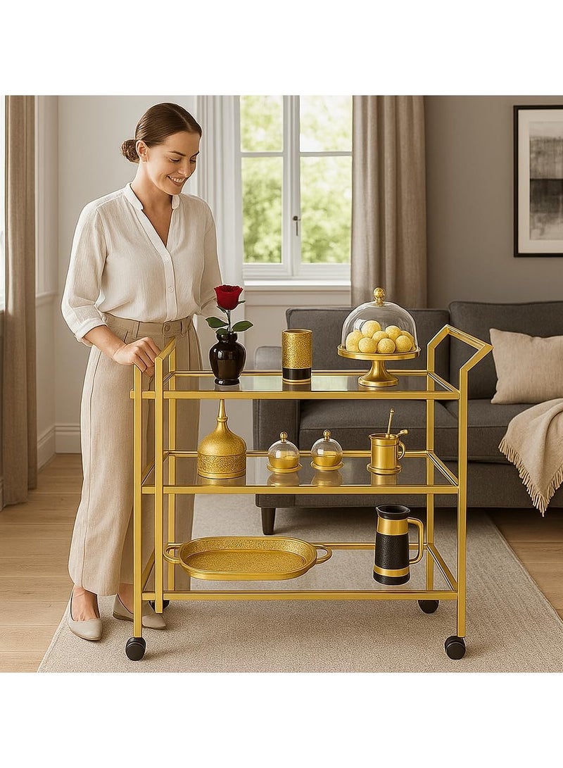 LINGWEI Elegant Gold Metal Serving Trolley with Tempered Glass Shelves, 3-Tier Storage, Rotating & Lockable Wheels, Durable Handle for Kitchen & Home - Image 4