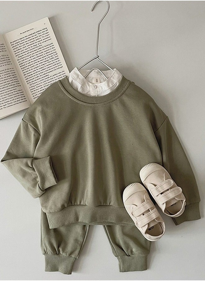 Loquat - Kid's Round Neck Tracksuit Pullover Sweatshirt Jogging Pants Set 2 Pieces Sweatsuit Army Green - Image 1