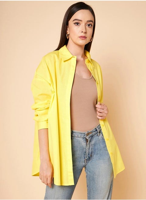 Women's Yellow 100% Cotton Solid Pattern Button Down Shirt