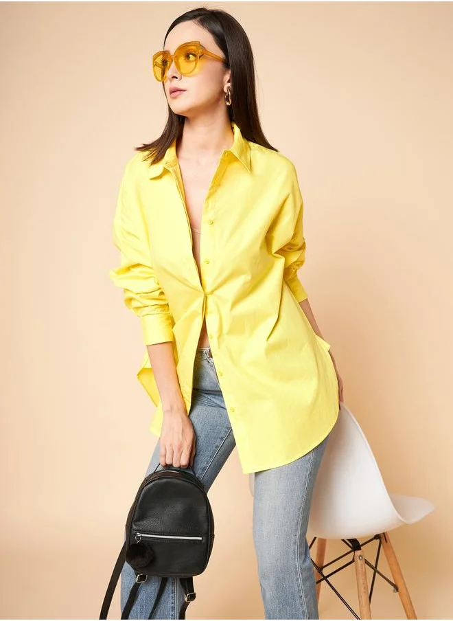 HIGH STAR Stay effortlessly stylish with this comfortable Yellow Oversized Shirts Solid design crafted from 100% Cotton featuring Long Sleeves with Button closure.