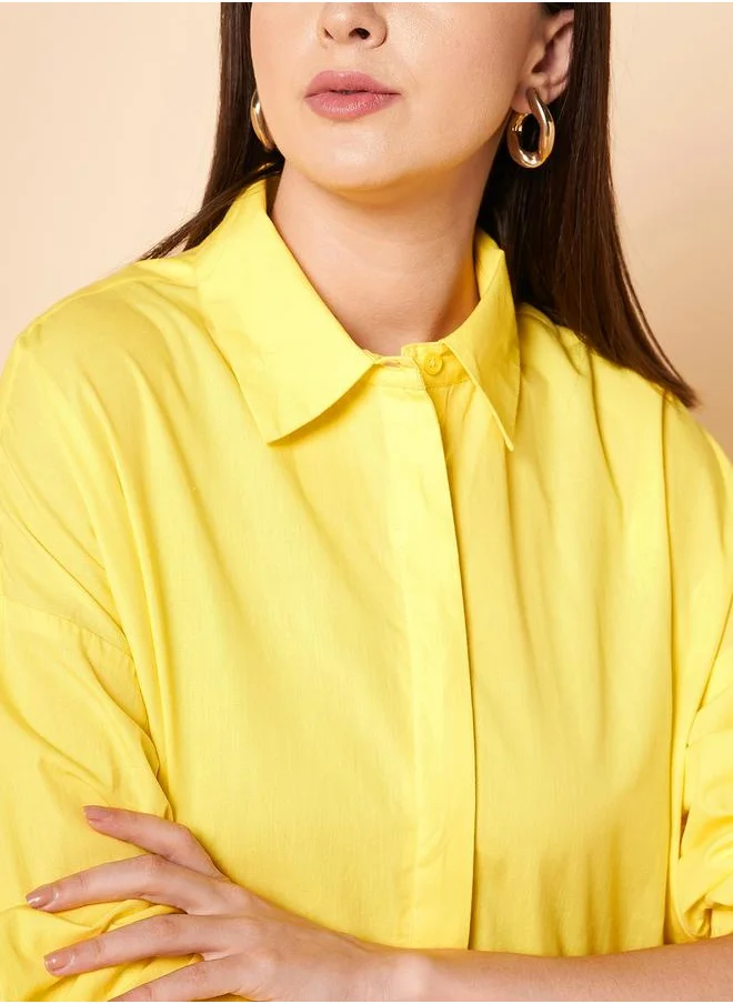 HIGH STAR Stay effortlessly stylish with this comfortable Yellow Oversized Shirts Solid design crafted from 100% Cotton featuring Long Sleeves with Button closure.
