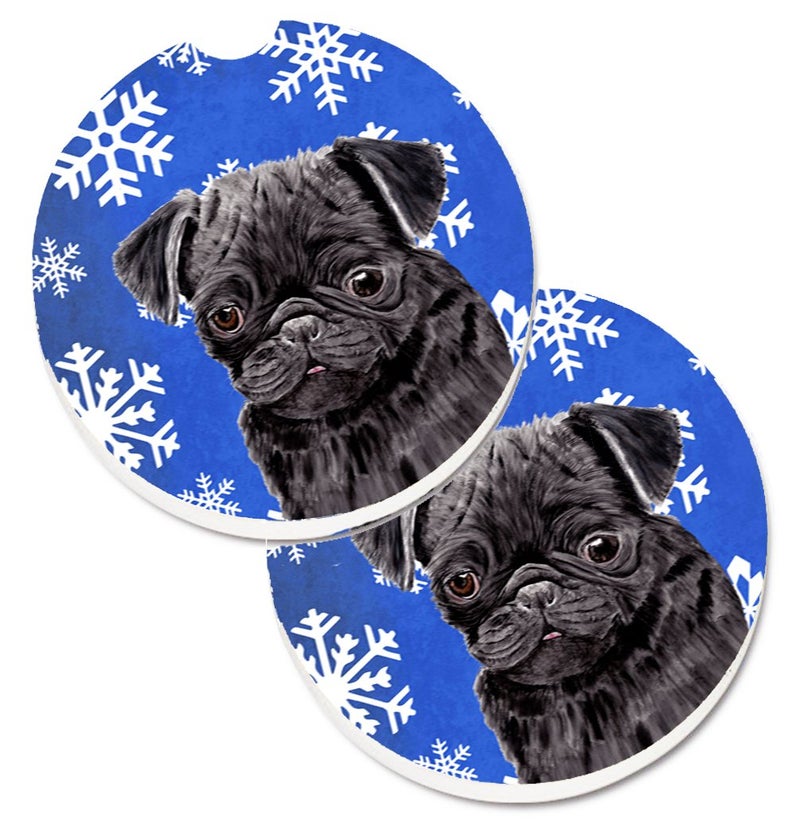 Caroline's Treasures SC9366CARC Pug Winter Snowflakes Holiday Set of 2 Cup Holder Car Coasters Absorbent Sandstone Coasters for Car Cup Holders Gifts for Men or Women  Large  Multicolor
