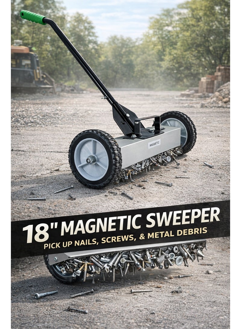 Workland مكنسة مغناطيسية بقطر 18 بوصة مع عجلات – أداة مغناطيسية ثقيلة لجمع المسامير والبراغي والحطام المعدني – مثالية للمرآب، الممر، ورشة العمل ومواقع البناء - Image 1