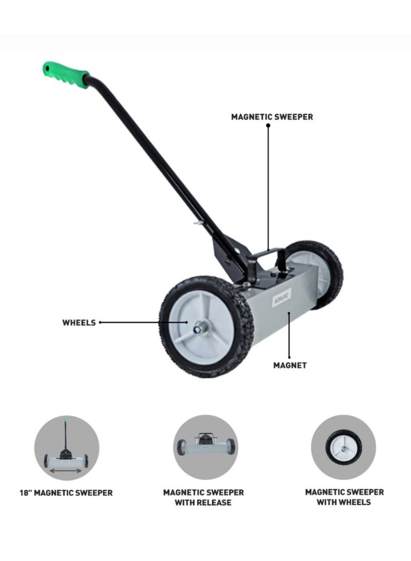 Workland مكنسة مغناطيسية بقطر 18 بوصة مع عجلات – أداة مغناطيسية ثقيلة لجمع المسامير والبراغي والحطام المعدني – مثالية للمرآب، الممر، ورشة العمل ومواقع البناء - Image 2