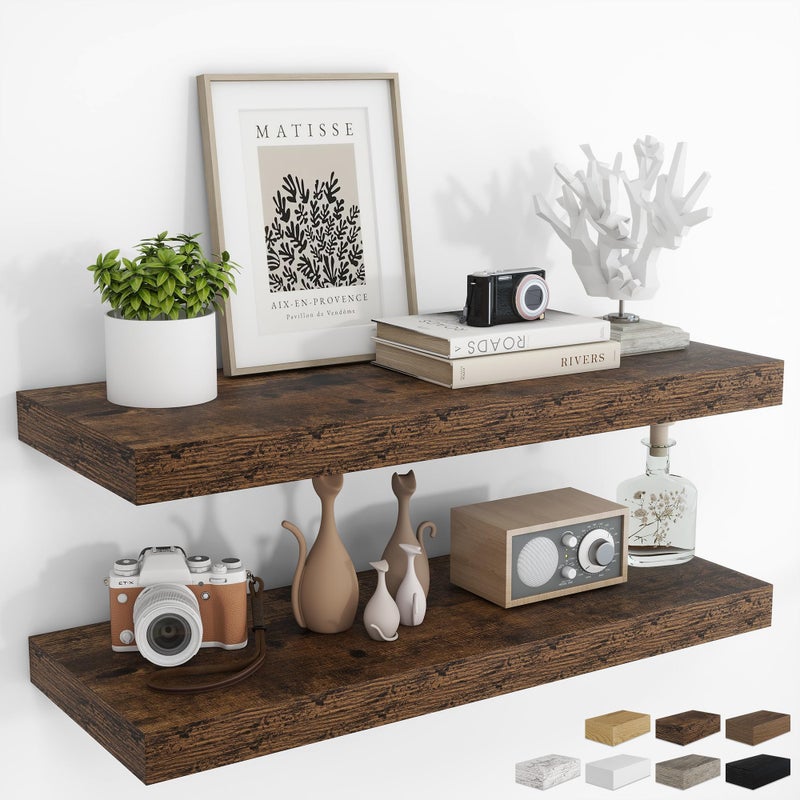 RICHFOCUS 36Inch Floating Shelves for Wall 2 Pack Shelves for Bedroom|Kitchen|Bathroom Wall Mounted Rustic Wood Floating Shelf with Invisible Brackets for Books|Storage|Decor, Rustic Brown - Image 1