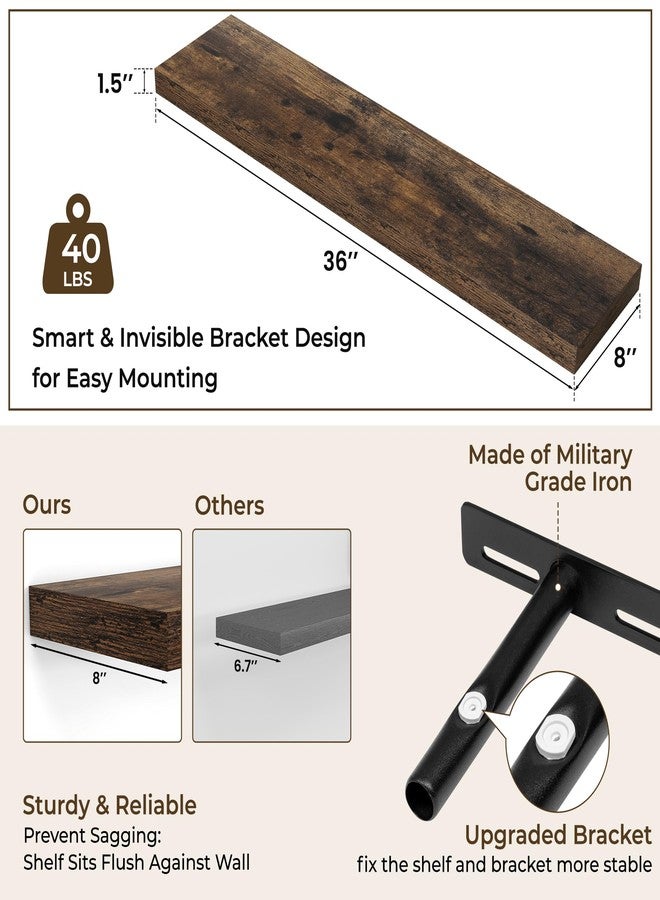 RICHFOCUS 36Inch Floating Shelves for Wall 2 Pack Shelves for Bedroom|Kitchen|Bathroom Wall Mounted Rustic Wood Floating Shelf with Invisible Brackets for Books|Storage|Decor, Rustic Brown - Image 4