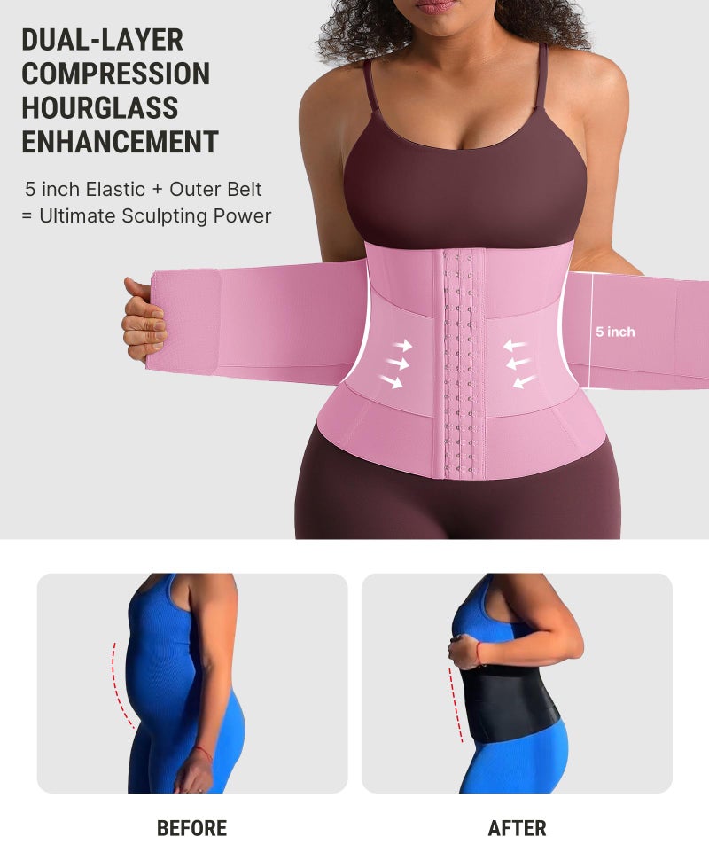 FeelinGirl Waist Trainer for Women Control Waist Cincher Trimmer Triple Belt Hooks Steel Bones Firm Control Body Shaper Pink - Image 2