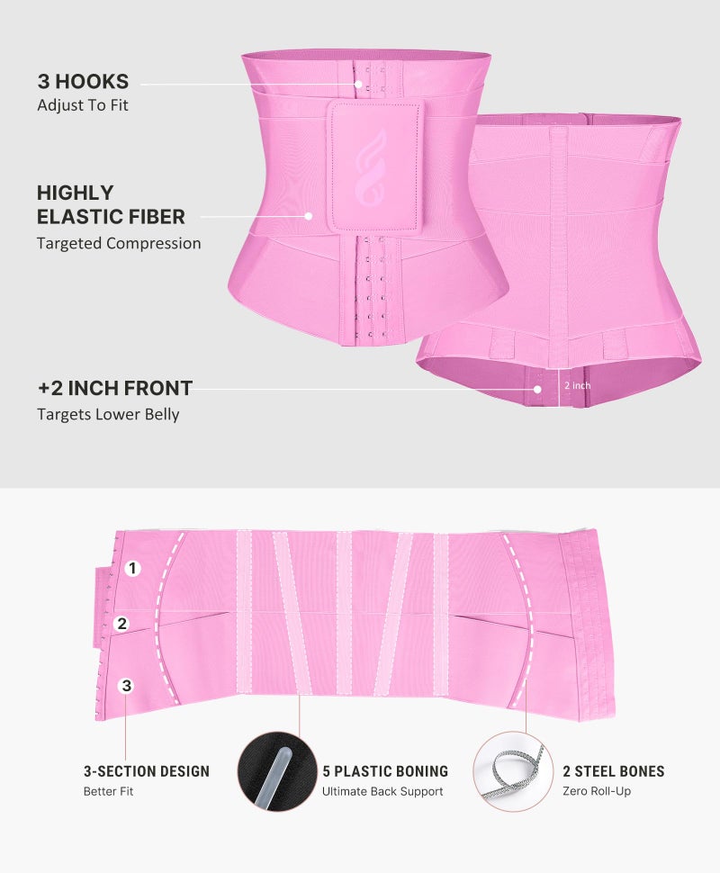 FeelinGirl Waist Trainer for Women Control Waist Cincher Trimmer Triple Belt Hooks Steel Bones Firm Control Body Shaper Pink - Image 4