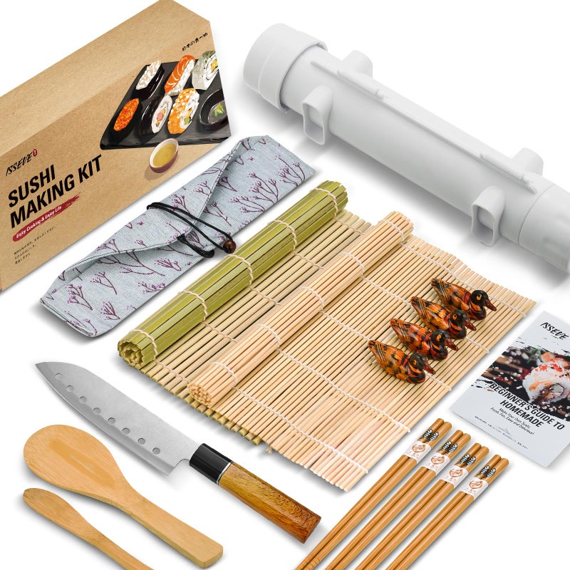 ISSEVE Sushi Making Kit Sushi Bazooka Maker with Bamboo Mats and Chopsticks Paddle Spreader Sushi Knife DIY Sushi Roller Machine