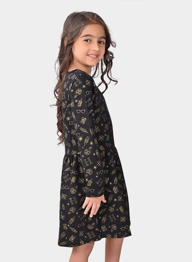 Bonkids Girl's Black 100% Cotton Printed Regular Fit Dress