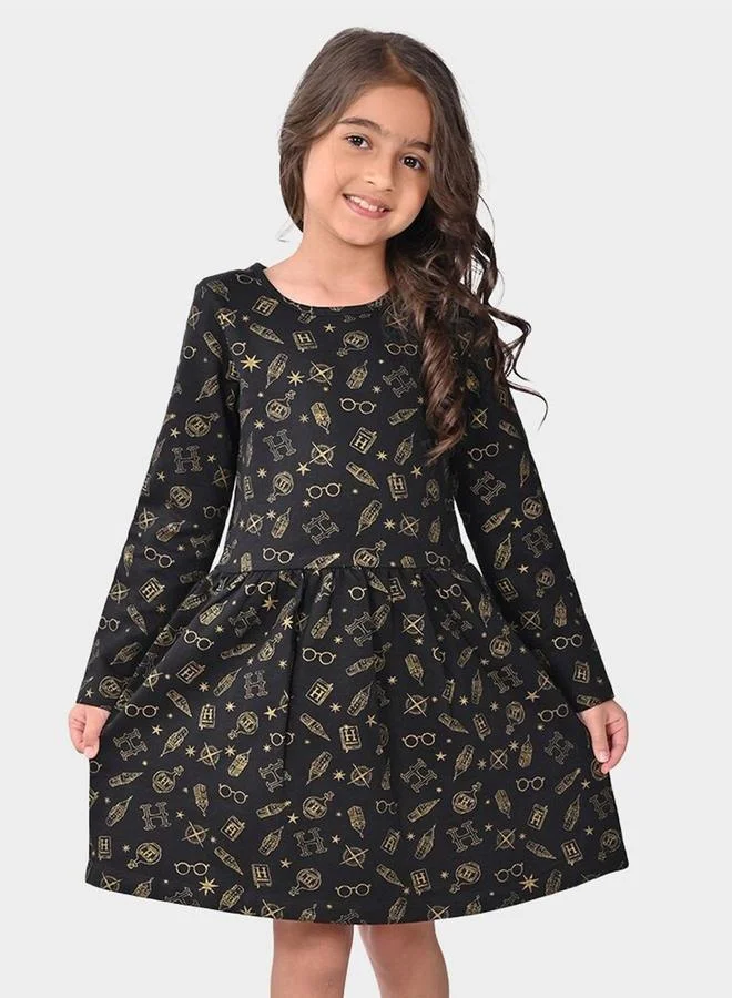 Bonkids Girl's Black 100% Cotton Printed Regular Fit Dress