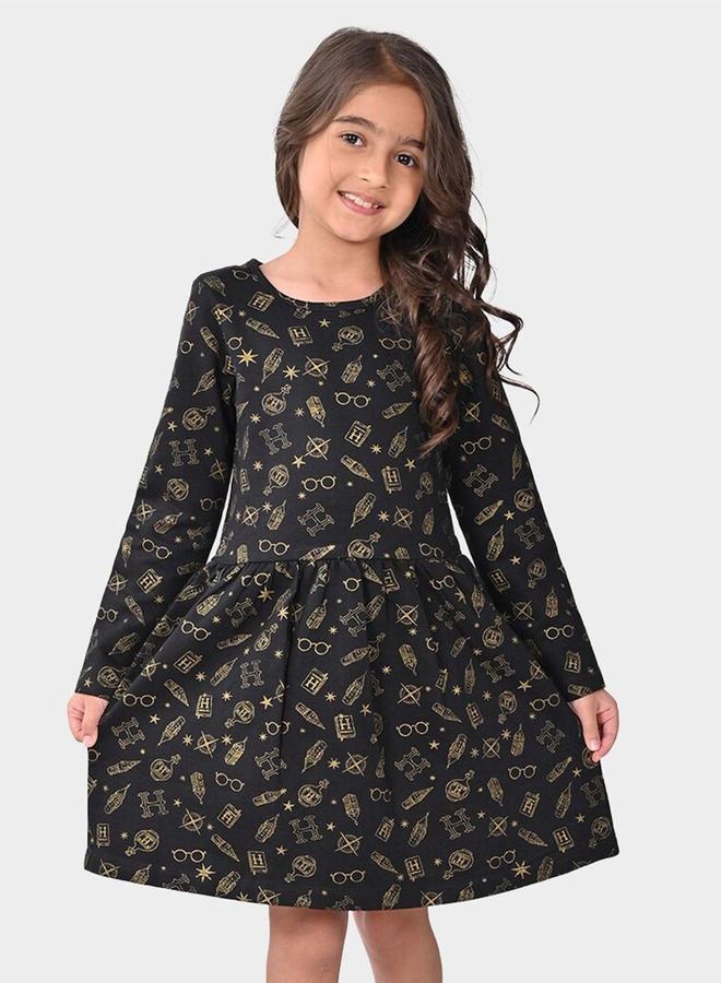 Bonkids Girl's Black 100% Cotton Printed Regular Fit Dress - Image 1