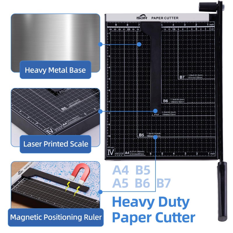 ISDIR 12-Inch Guillotine Paper Cutter, 15 Sheet Capacity, Blade Lock & Magnetic Guide, Heavy-Duty Metal Base for Precision Cutting of Cardstock, Photos, and Crafts - Ideal for Home & Office - Image 3