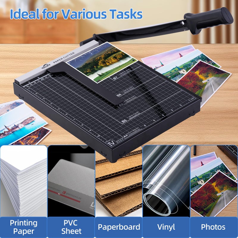 ISDIR 12-Inch Guillotine Paper Cutter, 15 Sheet Capacity, Blade Lock & Magnetic Guide, Heavy-Duty Metal Base for Precision Cutting of Cardstock, Photos, and Crafts - Ideal for Home & Office - Image 5