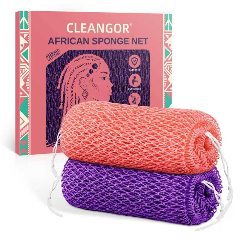 Cleangor 2Pcs African Net Sponge Authentic with Knots - Exfoliating Body Scrubber for All Skin Types, African Bath Sponge, Wash Cloth, Gentle Exfoliation Shower Rag for Women Daily Use(Pink & Purple) - Image 1