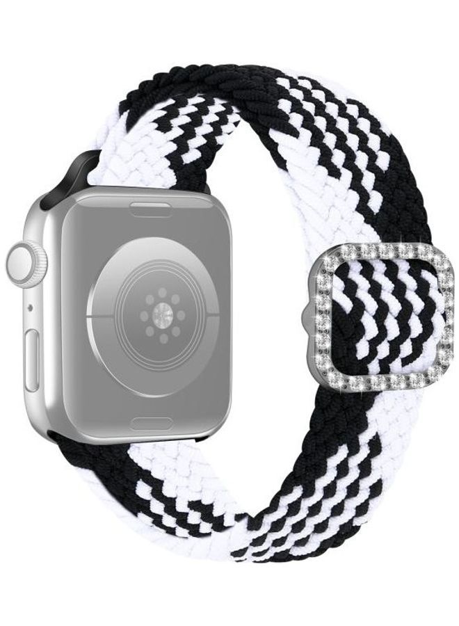 NIBEMINENT Adjustable Nylon Braided Elasticity Diamond Buckle Replacement Strap Watchband For Apple Watch Series 7/6/SE/5/4/3/2/1 45/44/42mm Black/White - Image 1
