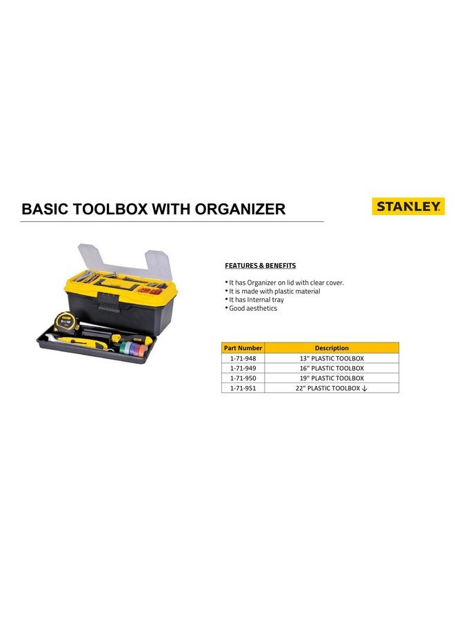Stanley - STANLEY 1-71-948 13'' Organized Maestro Heavy-Duty Portable Plastic Essential Toolbox With Clear Top Lid & Removable Tray Compartment For Easy & Convenient Storage,1 Year Warranty,YELLOW,32x13.5x15 cm - Image 1