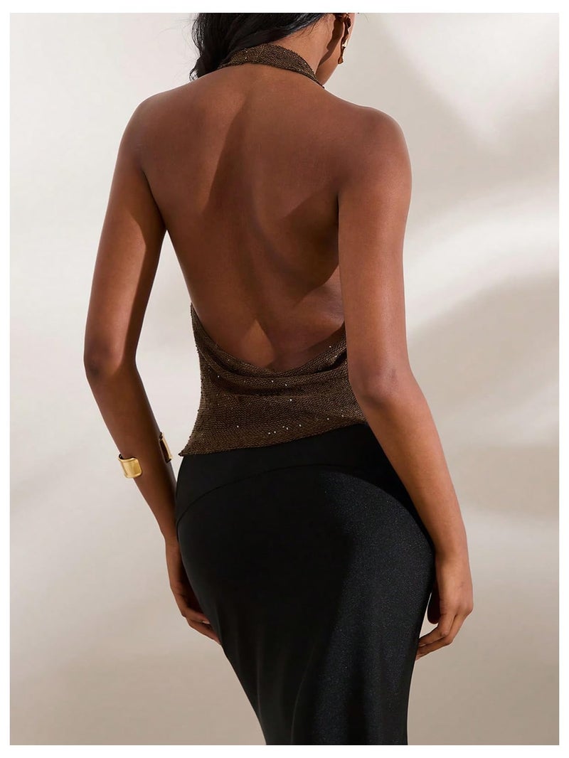 MakeMeChic Women's Sparkly Sequin Tops Cowl Neck Halter Top Blackless Rave Tops Going Out Mocha Brown Large - Image 2